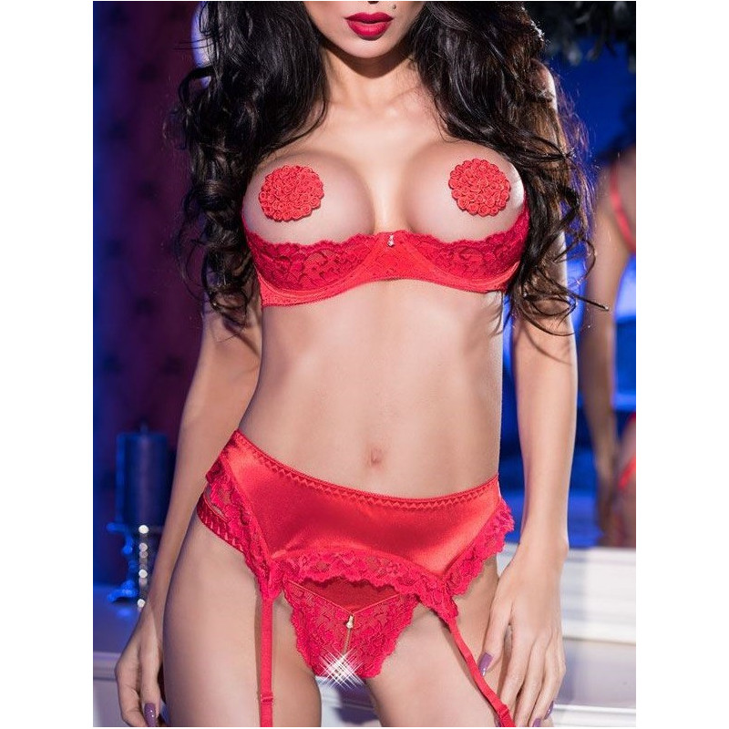 Chilirose Ensemble dentelle rouge seins nus